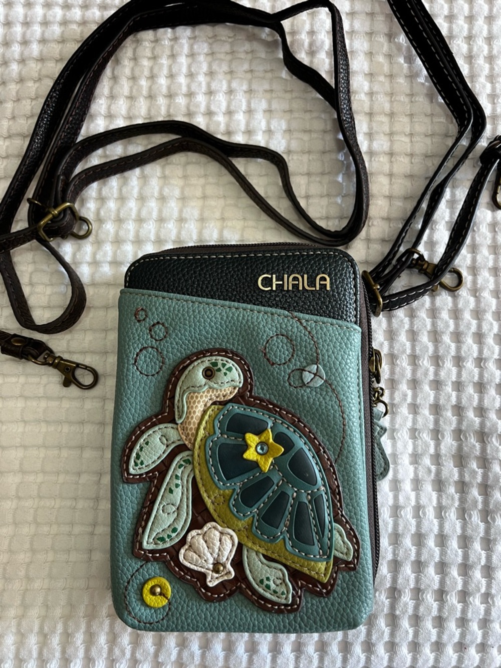 Chala Teal Turtle Appliqué Crossbody Phone Bag